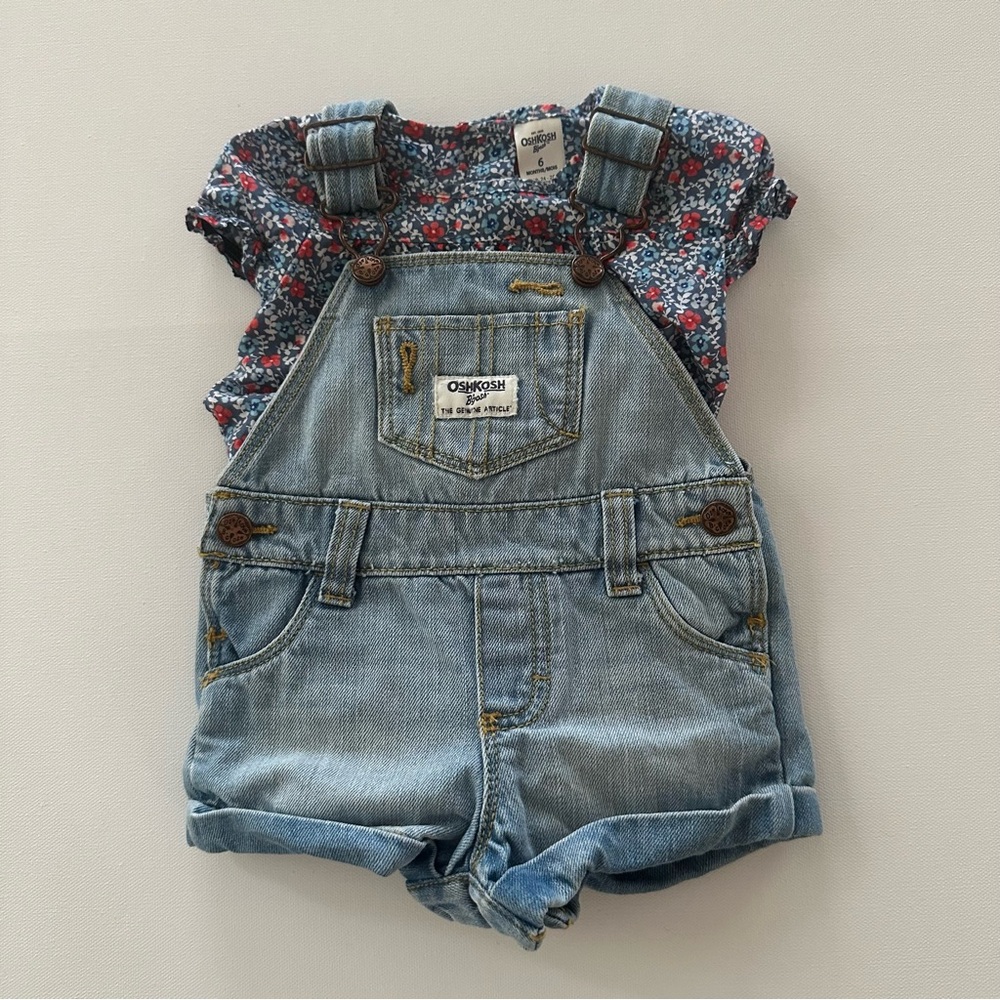 Oshkosh 6 Months Baby Girl Floral Bodysuit & Denim Shortalls Set Summer Spring